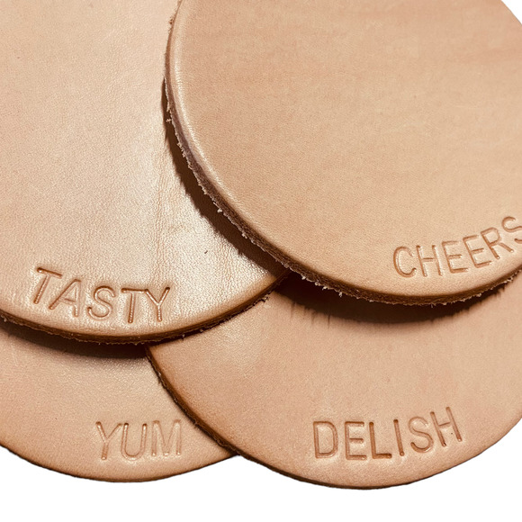 NWT Brass Collective Hand Pressed Natural Tan Leather Coasters Set of 4 - Picture 2 of 6
